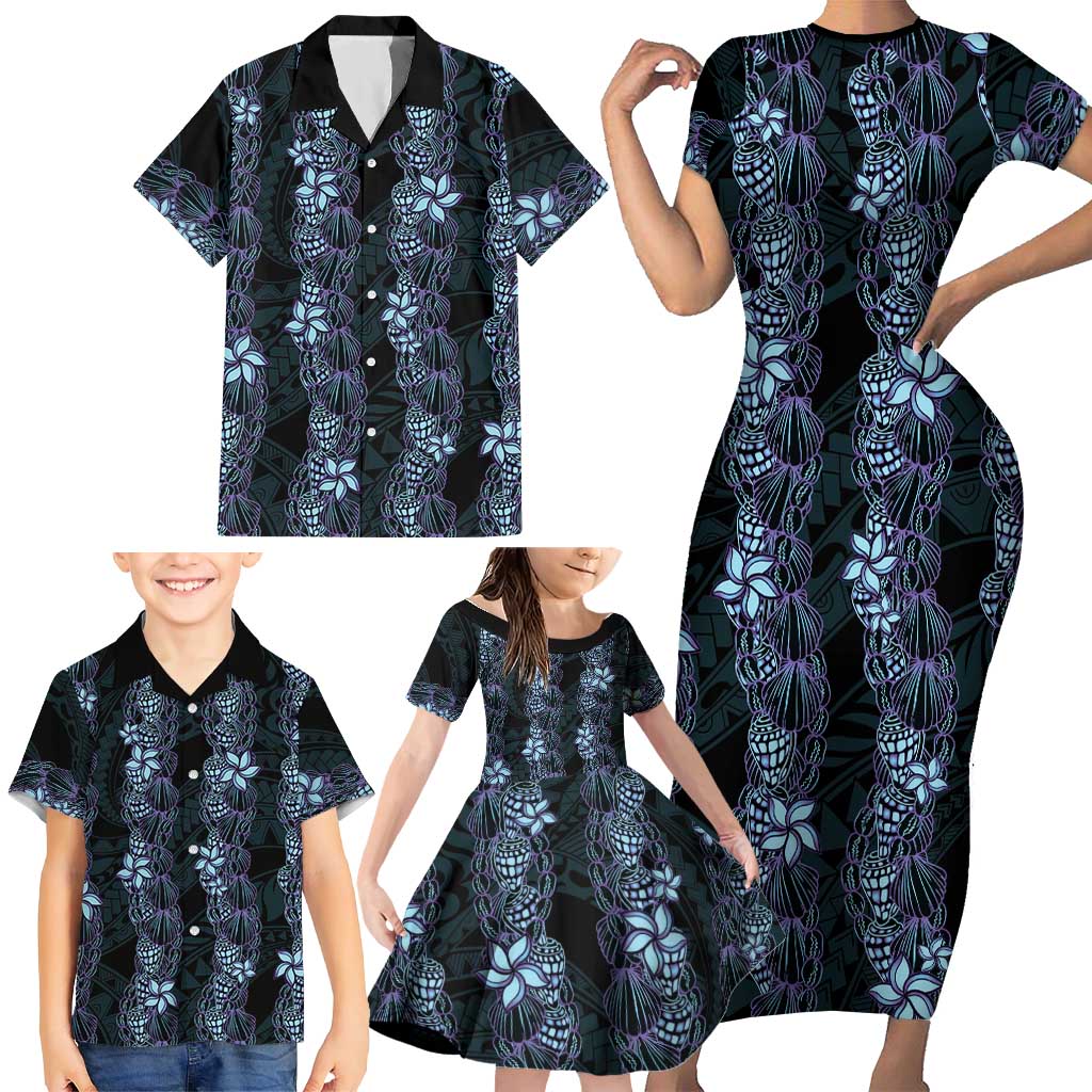Purple Paradise Hawaii Shell Lei Family Matching Short Sleeve Bodycon Dress and Hawaiian Shirt Hawaiian Sunrise Shell Hebrew Cone Plumeria LT14 - Polynesian Pride