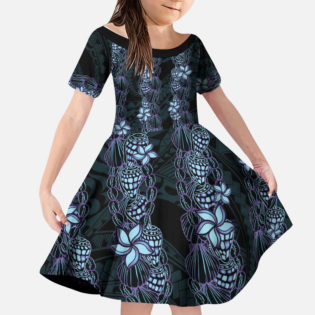 Purple Paradise Hawaii Shell Lei Kid Short Sleeve Dress Hawaiian Sunrise Shell Hebrew Cone Plumeria - Polynesian Pride