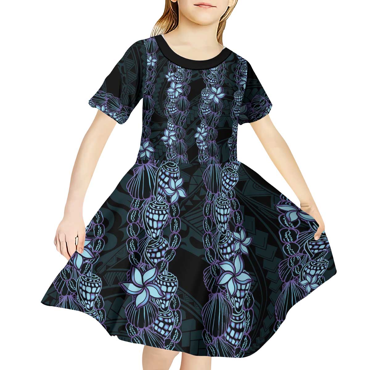 Purple Paradise Hawaii Shell Lei Kid Short Sleeve Dress Hawaiian Sunrise Shell Hebrew Cone Plumeria - Polynesian Pride