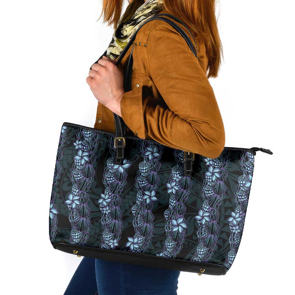 Purple Paradise Hawaii Shell Lei Leather Tote Bag Hawaiian Sunrise Shell Hebrew Cone Plumeria - Polynesian Pride
