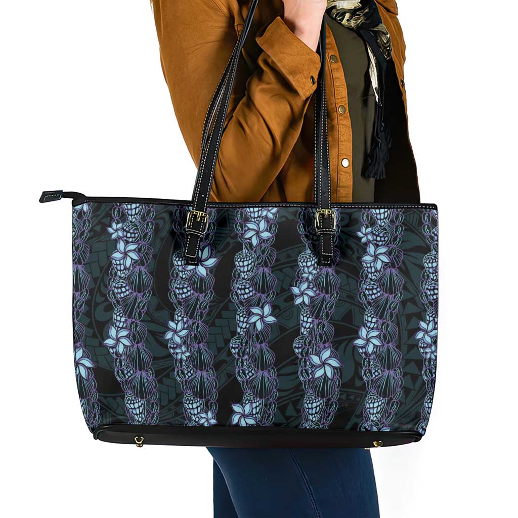 Purple Paradise Hawaii Shell Lei Leather Tote Bag Hawaiian Sunrise Shell Hebrew Cone Plumeria - Polynesian Pride