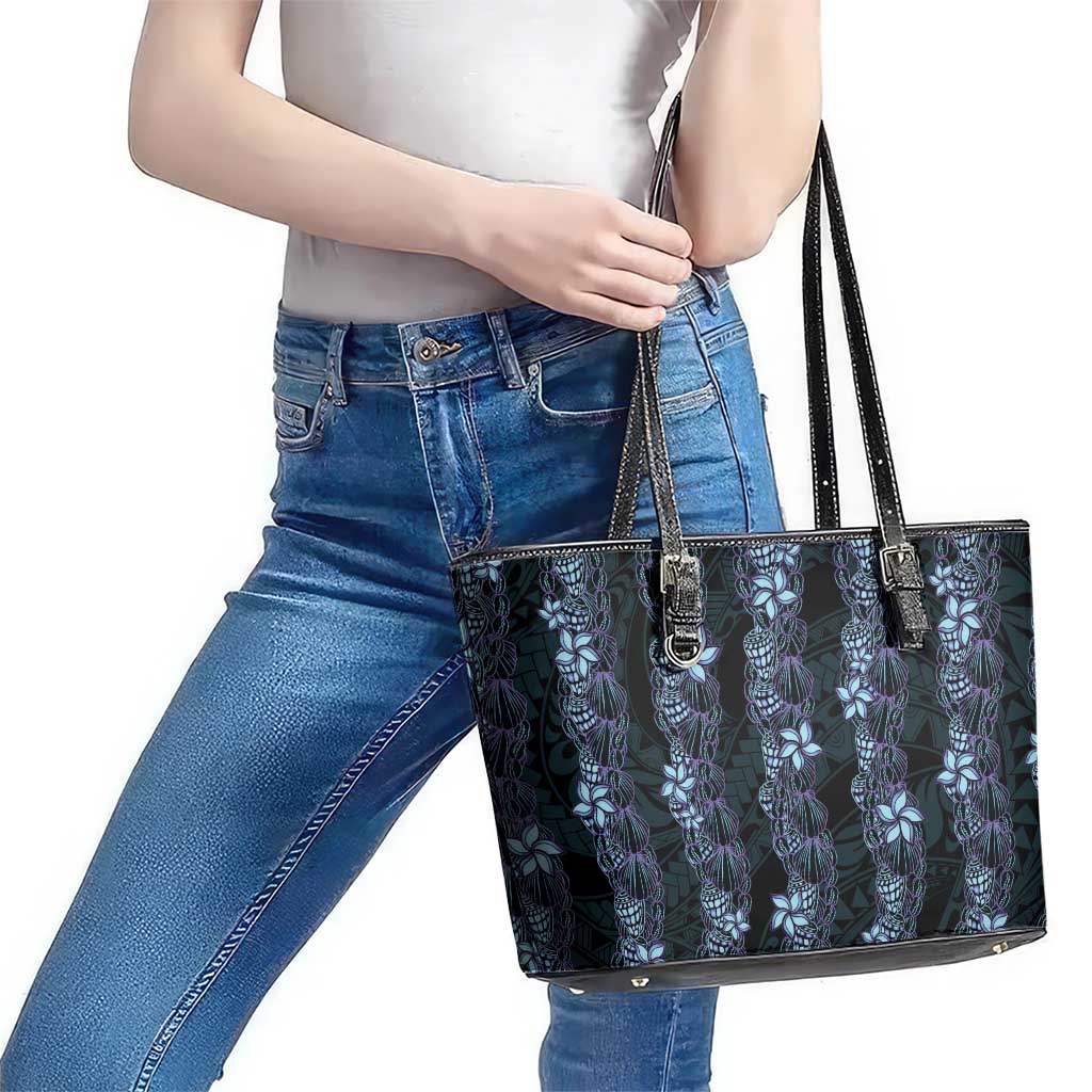 Purple Paradise Hawaii Shell Lei Leather Tote Bag Hawaiian Sunrise Shell Hebrew Cone Plumeria - Polynesian Pride