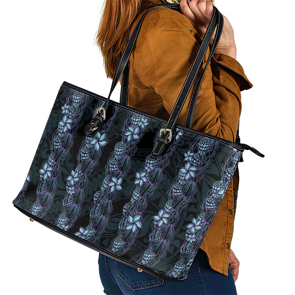 Purple Paradise Hawaii Shell Lei Leather Tote Bag Hawaiian Sunrise Shell Hebrew Cone Plumeria - Polynesian Pride