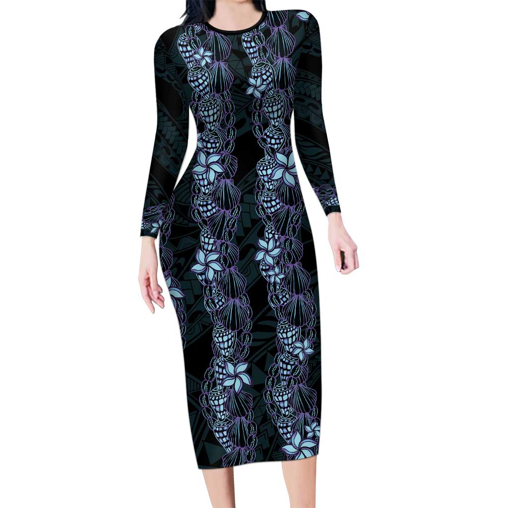 Purple Paradise Hawaii Shell Lei Long Sleeve Bodycon Dress Hawaiian Sunrise Shell Hebrew Cone Plumeria - Polynesian Pride
