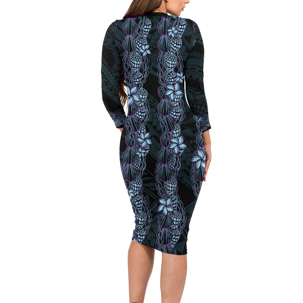 Purple Paradise Hawaii Shell Lei Long Sleeve Bodycon Dress Hawaiian Sunrise Shell Hebrew Cone Plumeria - Polynesian Pride