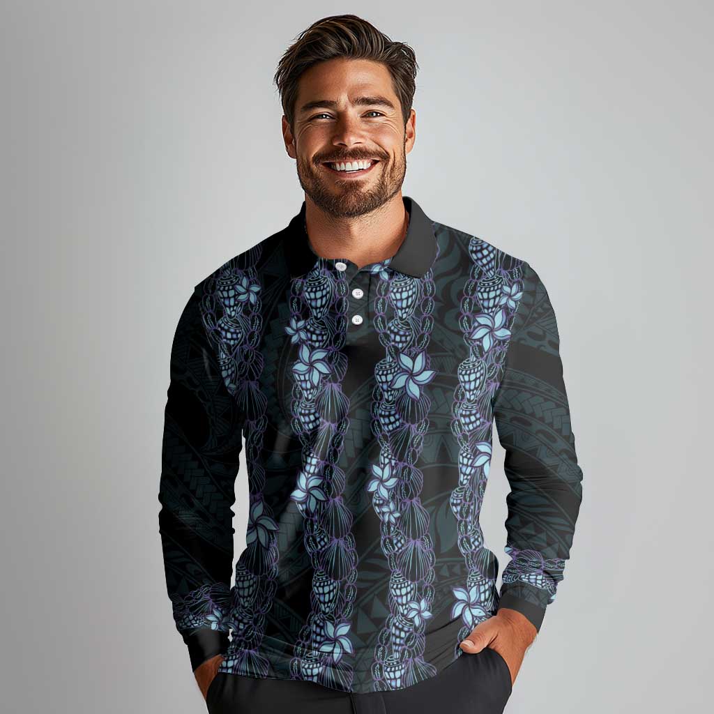 Purple Paradise Hawaii Shell Lei Long Sleeve Polo Shirt Hawaiian Sunrise Shell Hebrew Cone Plumeria - Polynesian Pride