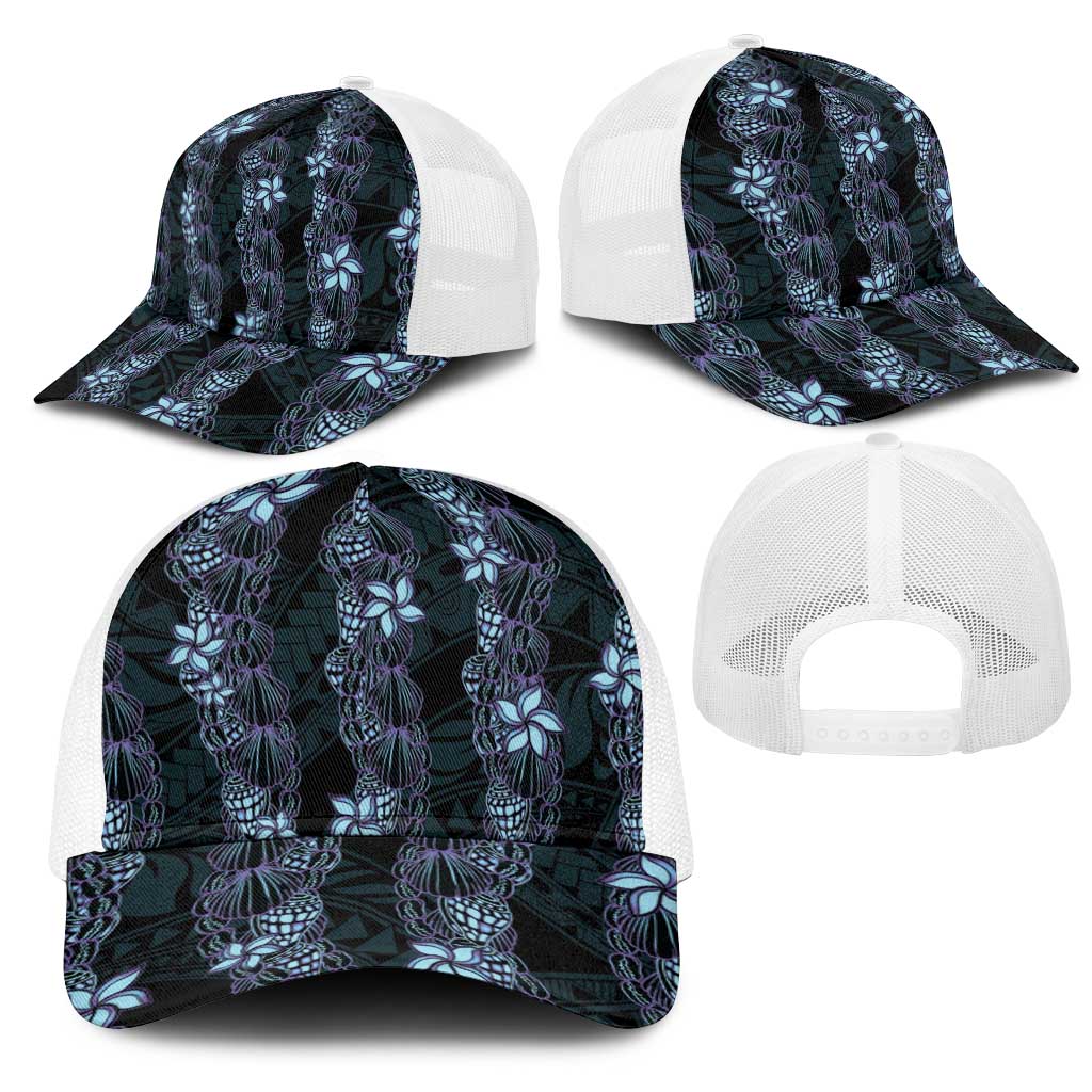 Purple Paradise Hawaii Shell Lei Mesh Trucker Cap Hawaiian Sunrise Shell Hebrew Cone Plumeria - Polynesian Pride
