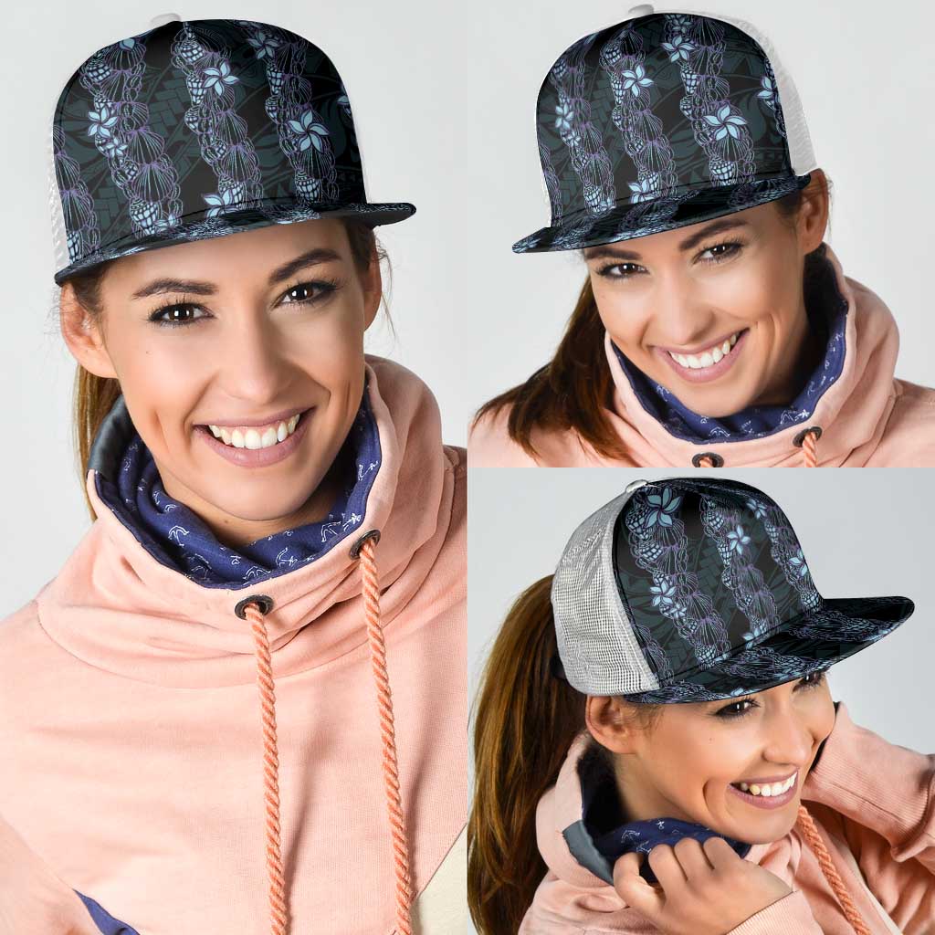 Purple Paradise Hawaii Shell Lei Mesh Trucker Cap Hawaiian Sunrise Shell Hebrew Cone Plumeria - Polynesian Pride