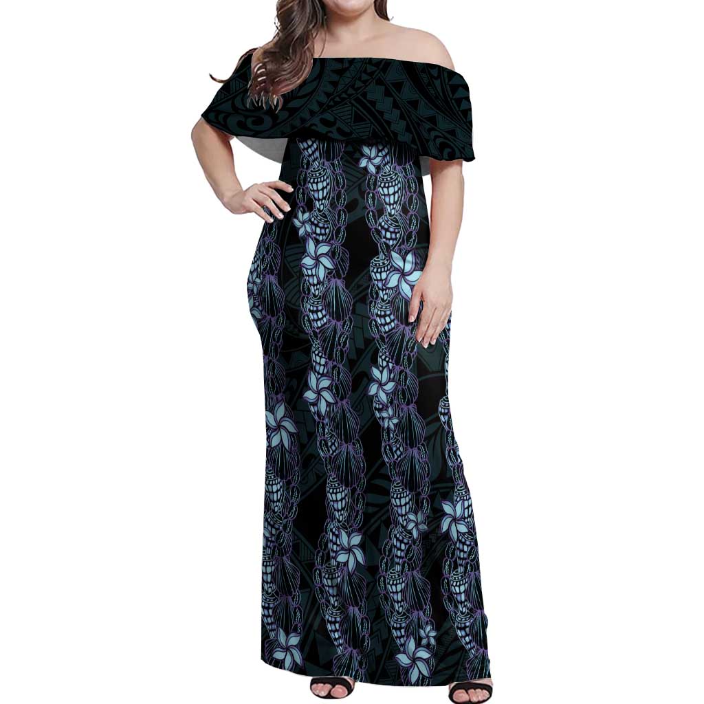 Purple Paradise Hawaii Shell Lei Off Shoulder Maxi Dress Hawaiian Sunrise Shell Hebrew Cone Plumeria - Polynesian Pride