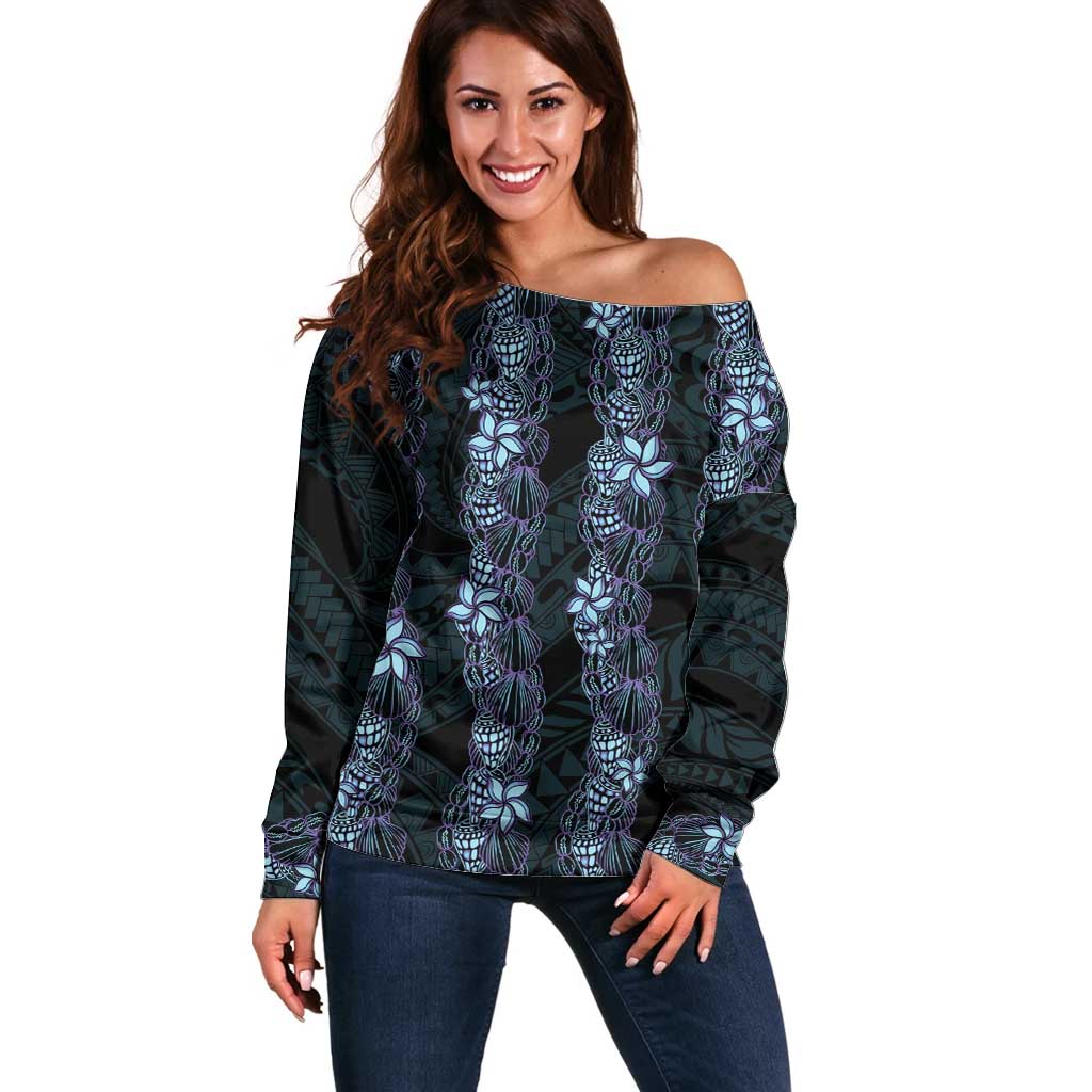 Purple Paradise Hawaii Shell Lei Off Shoulder Sweater Hawaiian Sunrise Shell Hebrew Cone Plumeria - Polynesian Pride