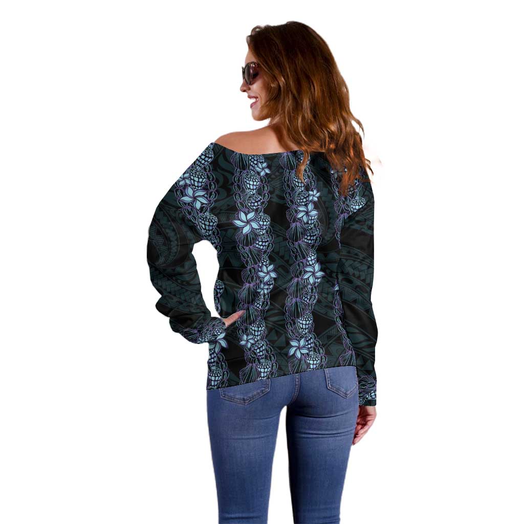 Purple Paradise Hawaii Shell Lei Off Shoulder Sweater Hawaiian Sunrise Shell Hebrew Cone Plumeria - Polynesian Pride