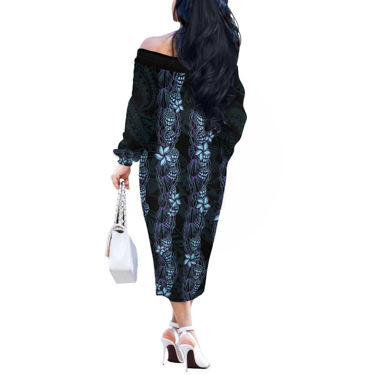 Purple Paradise Hawaii Shell Lei Off The Shoulder Long Sleeve Dress Hawaiian Sunrise Shell Hebrew Cone Plumeria LT14 - Polynesian Pride