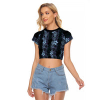 Purple Paradise Hawaii Shell Lei Raglan Cropped T Shirt Hawaiian Sunrise Shell Hebrew Cone Plumeria - Polynesian Pride