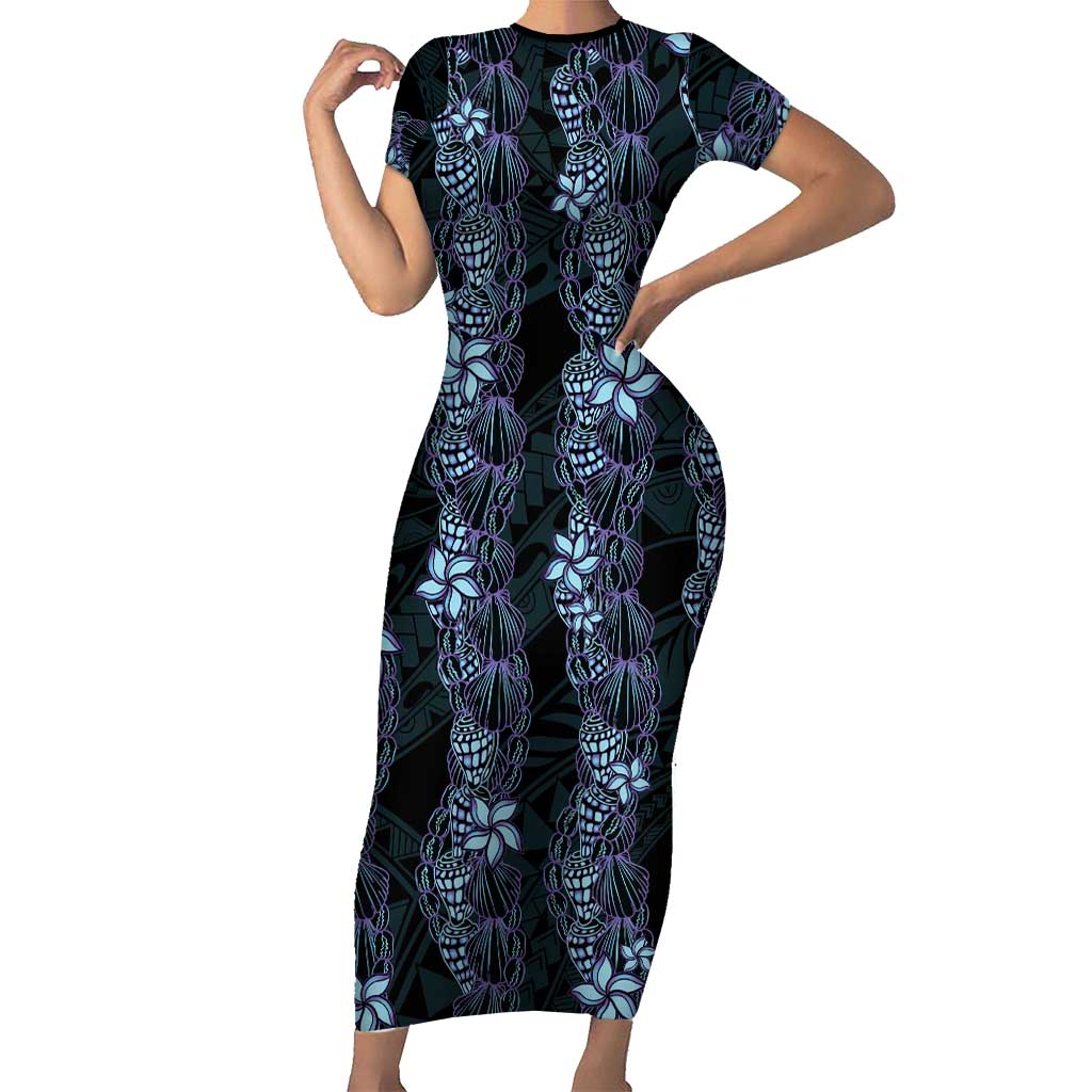Purple Paradise Hawaii Shell Lei Short Sleeve Bodycon Dress Hawaiian Sunrise Shell Hebrew Cone Plumeria - Polynesian Pride