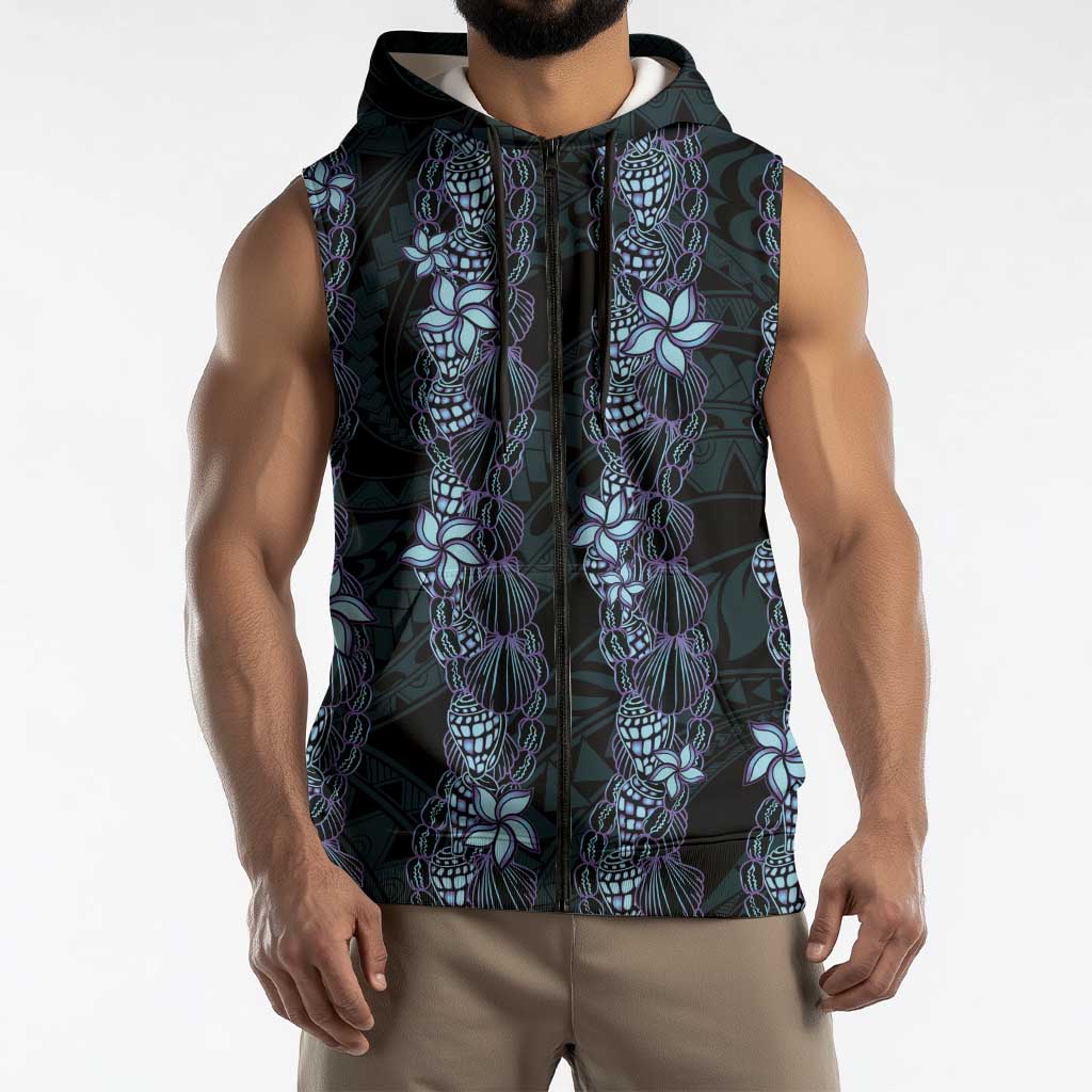Purple Paradise Hawaii Shell Lei Sleeveless Zip Hoodie Hawaiian Sunrise Shell Hebrew Cone Plumeria - Polynesian Pride
