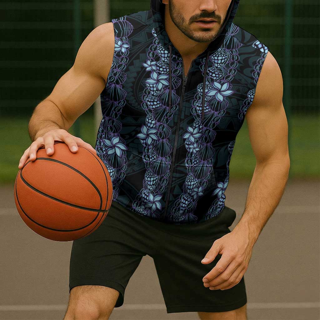 Purple Paradise Hawaii Shell Lei Sleeveless Zip Hoodie Hawaiian Sunrise Shell Hebrew Cone Plumeria - Polynesian Pride