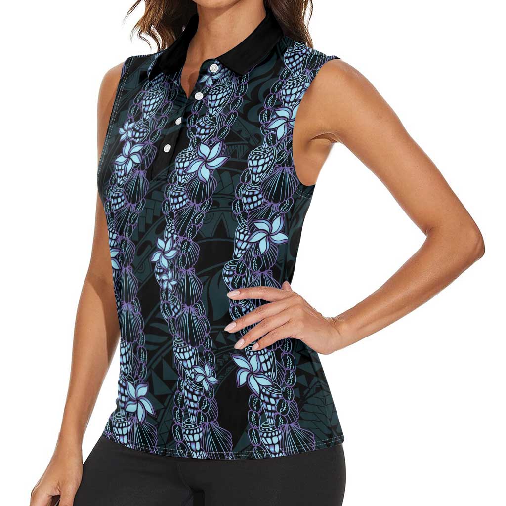 Purple Paradise Hawaii Shell Lei Women Sleeveless Polo Shirt Hawaiian Sunrise Shell Hebrew Cone Plumeria LT14 - Polynesian Pride