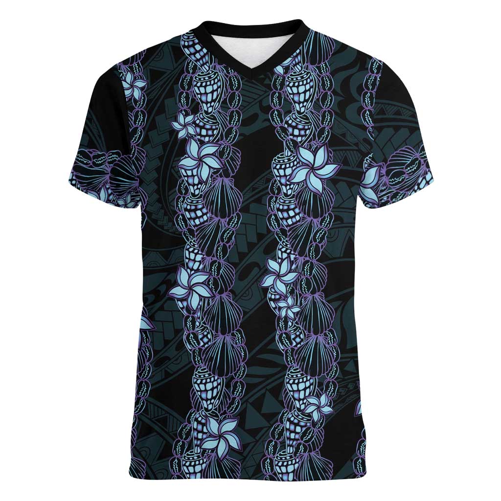 Purple Paradise Hawaii Shell Lei Women V-Neck T-Shirt Hawaiian Sunrise Shell Hebrew Cone Plumeria LT14 Female Purple - Polynesian Pride
