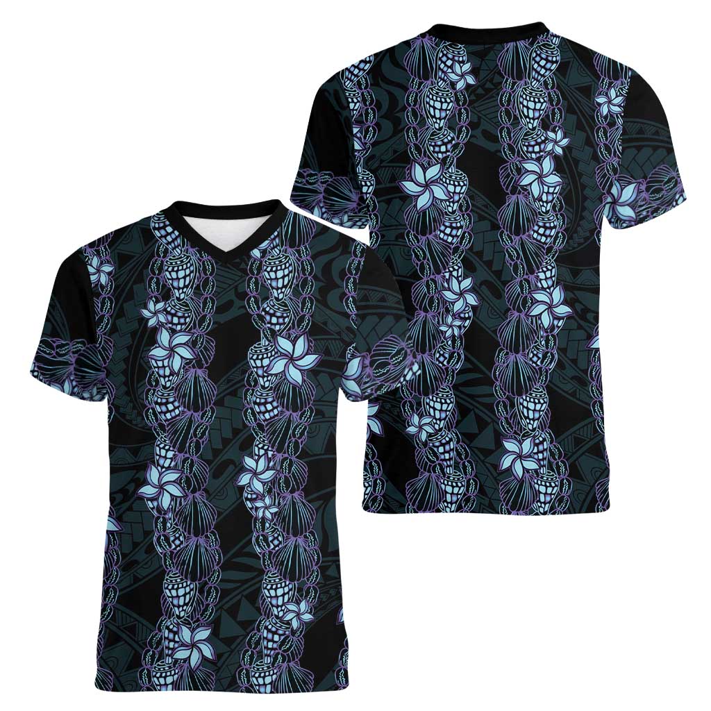 Purple Paradise Hawaii Shell Lei Women V-Neck T-Shirt Hawaiian Sunrise Shell Hebrew Cone Plumeria LT14 - Polynesian Pride