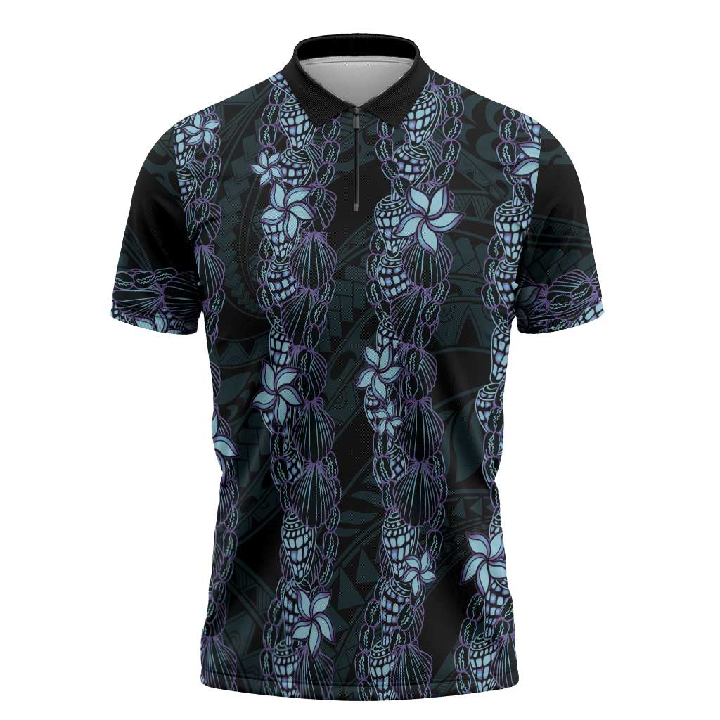 Purple Paradise Hawaii Shell Lei Zipper Polo Shirt Hawaiian Sunrise Shell Hebrew Cone Plumeria - Polynesian Pride