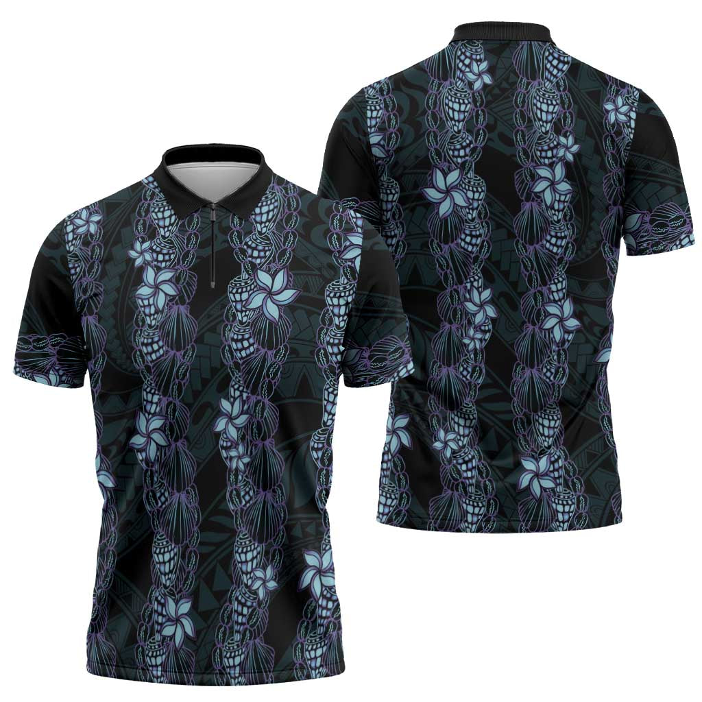 Purple Paradise Hawaii Shell Lei Zipper Polo Shirt Hawaiian Sunrise Shell Hebrew Cone Plumeria - Polynesian Pride