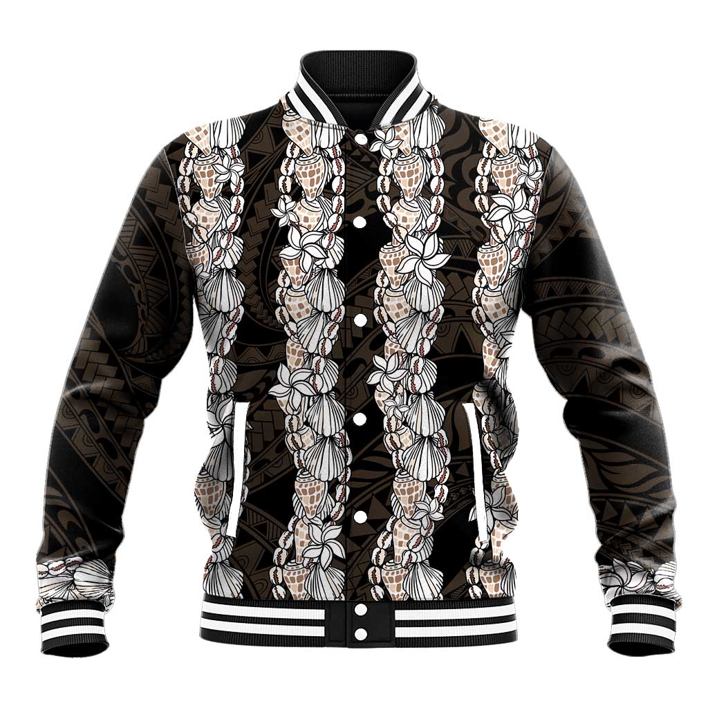 Black and Beige Hawaii Shell Lei Baseball Jacket Hawaiian Sunrise Shell Hebrew Cone Plumeria - Polynesian Pride