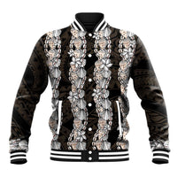 Black and Beige Hawaii Shell Lei Baseball Jacket Hawaiian Sunrise Shell Hebrew Cone Plumeria - Polynesian Pride