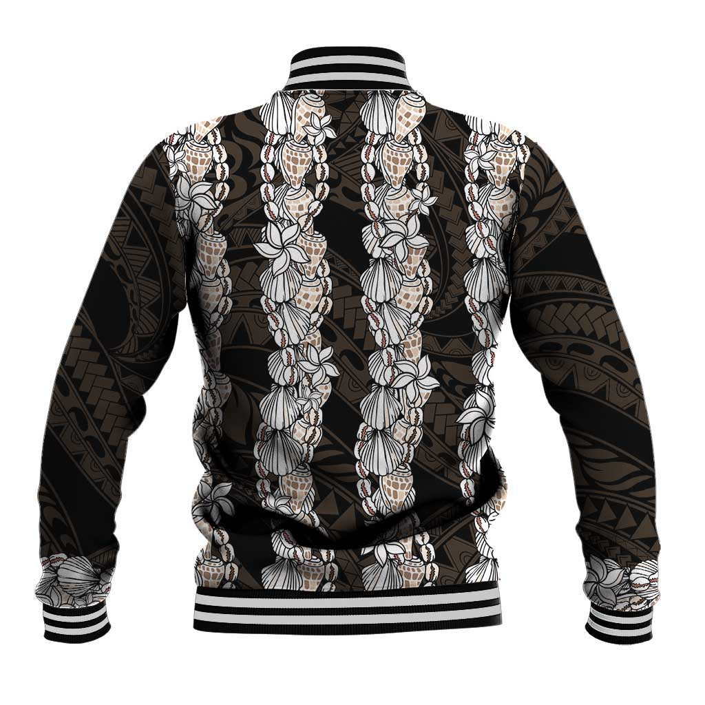 Black and Beige Hawaii Shell Lei Baseball Jacket Hawaiian Sunrise Shell Hebrew Cone Plumeria - Polynesian Pride
