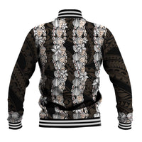 Black and Beige Hawaii Shell Lei Baseball Jacket Hawaiian Sunrise Shell Hebrew Cone Plumeria - Polynesian Pride