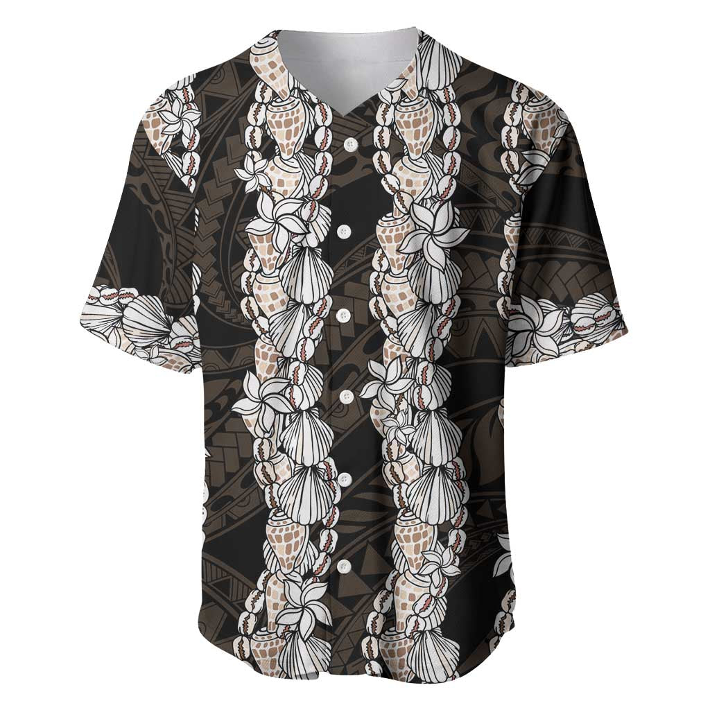 Black and Beige Hawaii Shell Lei Baseball Jersey Hawaiian Sunrise Shell Hebrew Cone Plumeria - Polynesian Pride