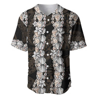 Black and Beige Hawaii Shell Lei Baseball Jersey Hawaiian Sunrise Shell Hebrew Cone Plumeria - Polynesian Pride