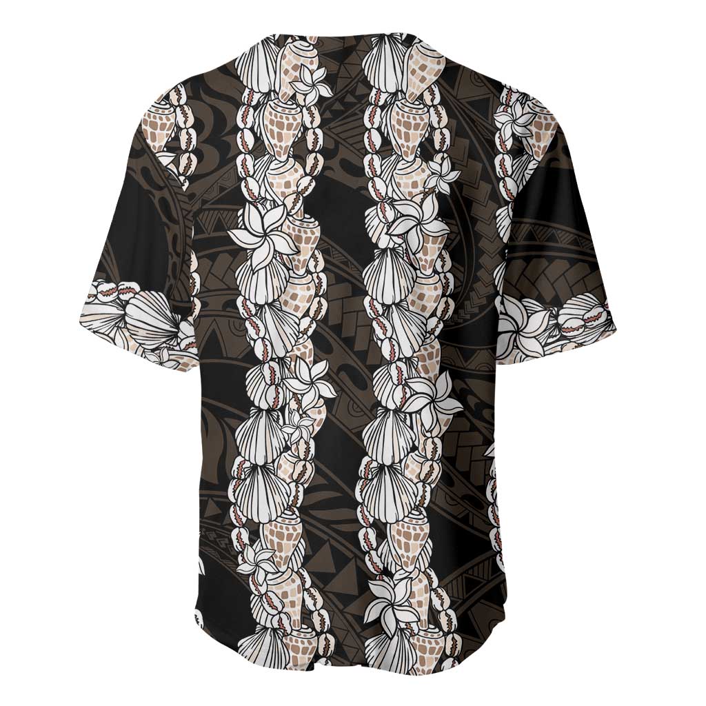Black and Beige Hawaii Shell Lei Baseball Jersey Hawaiian Sunrise Shell Hebrew Cone Plumeria - Polynesian Pride