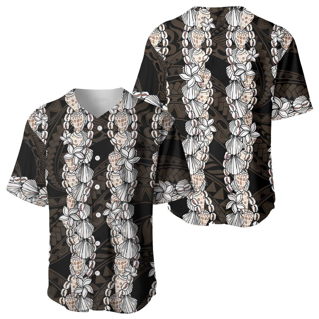 Black and Beige Hawaii Shell Lei Baseball Jersey Hawaiian Sunrise Shell Hebrew Cone Plumeria - Polynesian Pride