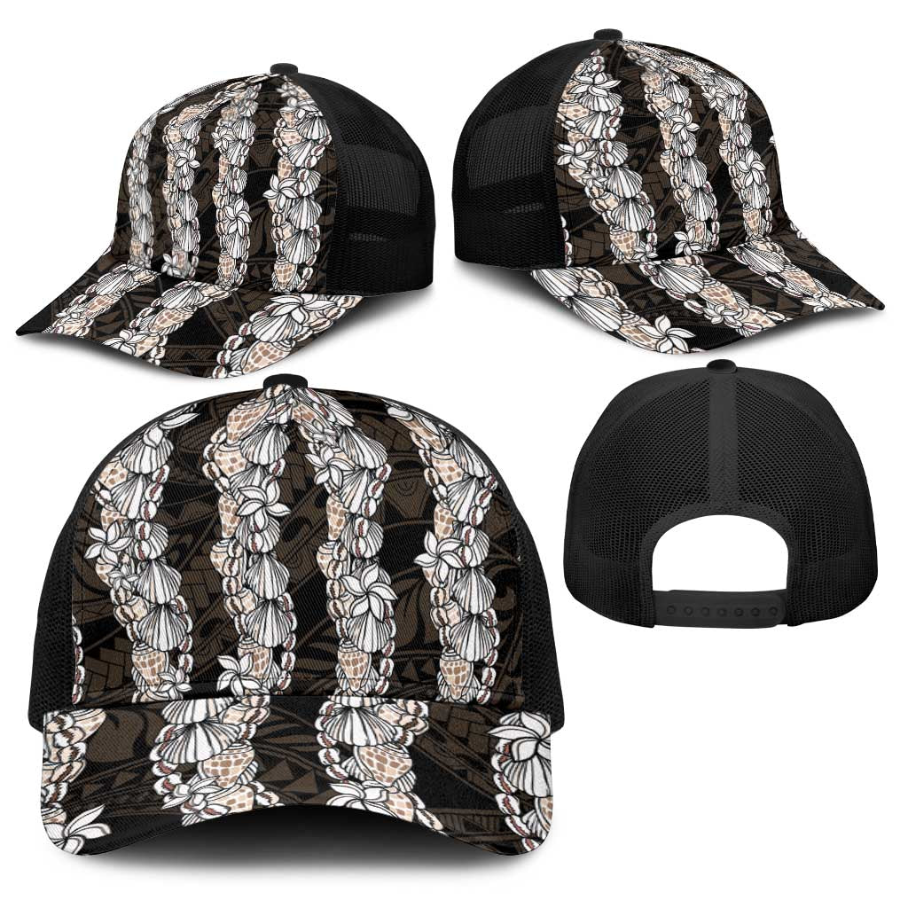 Black and Beige Hawaii Shell Lei Baseball Net Cap Hawaiian Sunrise Shell Hebrew Cone Plumeria - Polynesian Pride