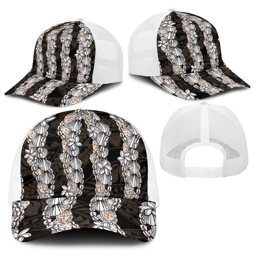 Black and Beige Hawaii Shell Lei Baseball Net Cap Hawaiian Sunrise Shell Hebrew Cone Plumeria - Polynesian Pride