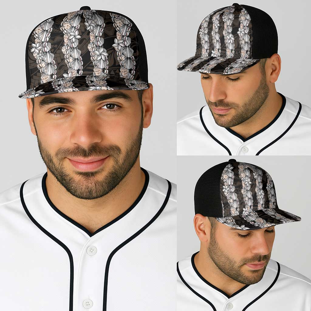 Black and Beige Hawaii Shell Lei Baseball Net Cap Hawaiian Sunrise Shell Hebrew Cone Plumeria - Polynesian Pride