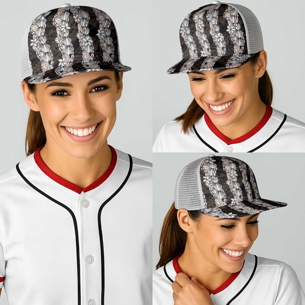 Black and Beige Hawaii Shell Lei Baseball Net Cap Hawaiian Sunrise Shell Hebrew Cone Plumeria - Polynesian Pride