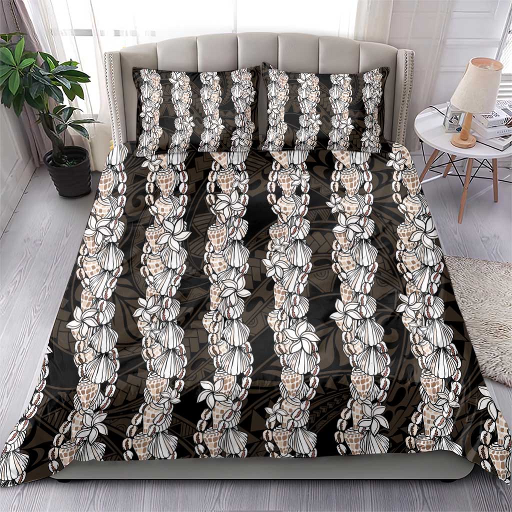 Black and Beige Hawaii Shell Lei Bedding Set Hawaiian Sunrise Shell Hebrew Cone Plumeria - Polynesian Pride