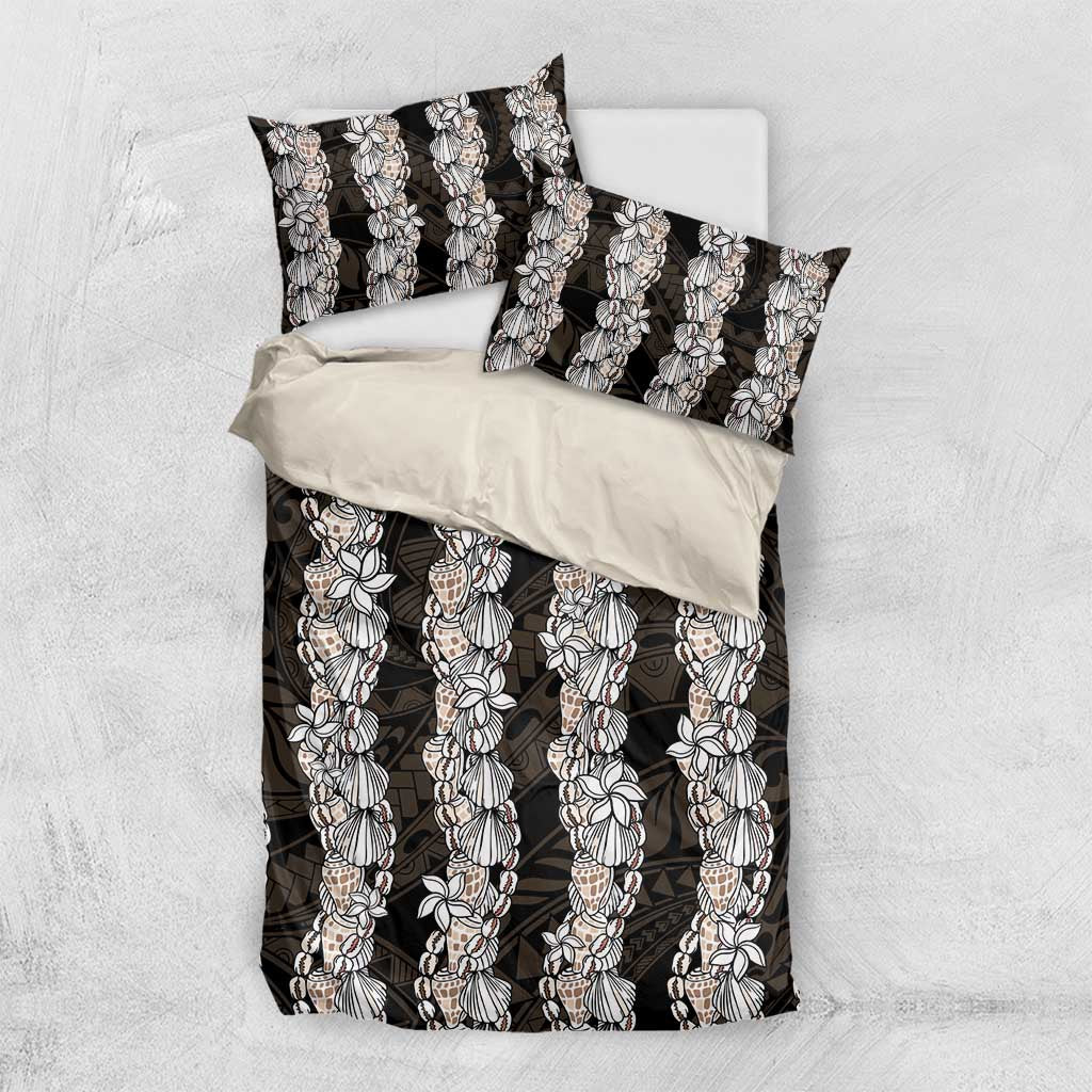 Black and Beige Hawaii Shell Lei Bedding Set Hawaiian Sunrise Shell Hebrew Cone Plumeria - Polynesian Pride