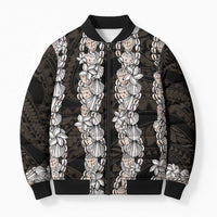 Black and Beige Hawaii Shell Lei Bomber Puffer Jacket Hawaiian Sunrise Shell Hebrew Cone Plumeria LT14 Unisex Black - Polynesian Pride