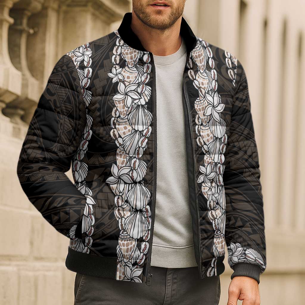 Black and Beige Hawaii Shell Lei Bomber Puffer Jacket Hawaiian Sunrise Shell Hebrew Cone Plumeria LT14 - Polynesian Pride