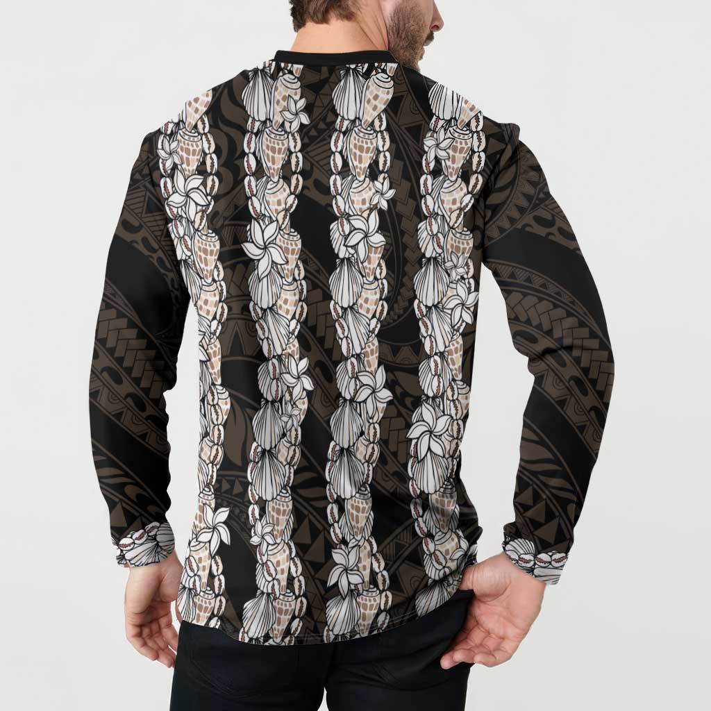 Black and Beige Hawaii Shell Lei Button Sweatshirt Hawaiian Sunrise Shell Hebrew Cone Plumeria - Polynesian Pride