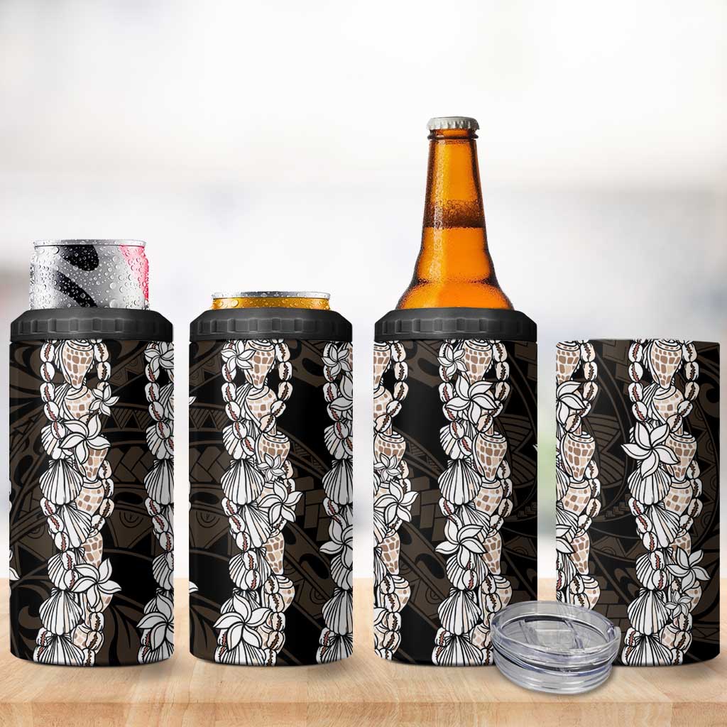 Black and Beige Hawaii Shell Lei 4 in 1 Can Cooler Tumbler Hawaiian Sunrise Shell Hebrew Cone Plumeria - Polynesian Pride