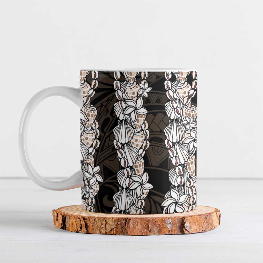 Black and Beige Hawaii Shell Lei Ceramic Mug Hawaiian Sunrise Shell Hebrew Cone Plumeria LT14 Black - Polynesian Pride