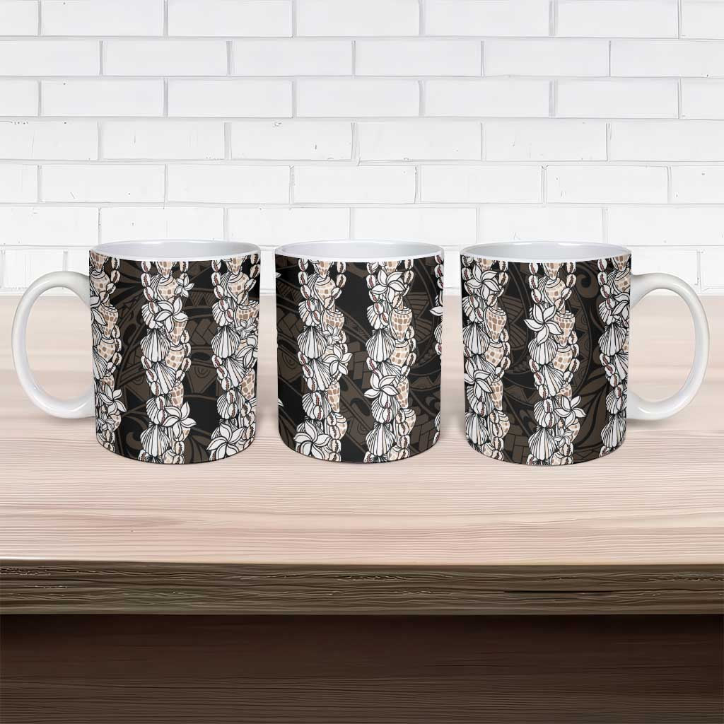 Black and Beige Hawaii Shell Lei Ceramic Mug Hawaiian Sunrise Shell Hebrew Cone Plumeria LT14 - Polynesian Pride