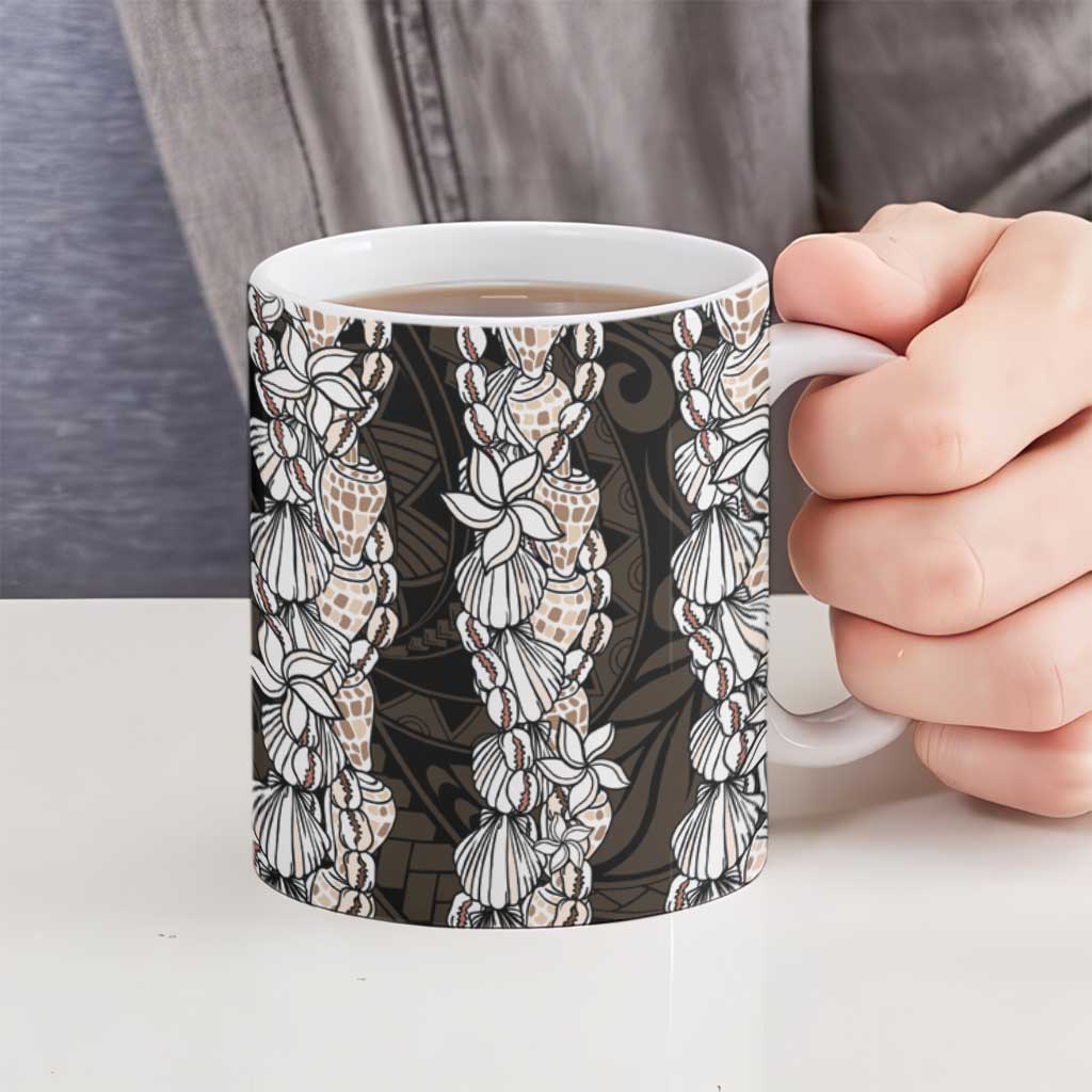 Black and Beige Hawaii Shell Lei Ceramic Mug Hawaiian Sunrise Shell Hebrew Cone Plumeria LT14 - Polynesian Pride