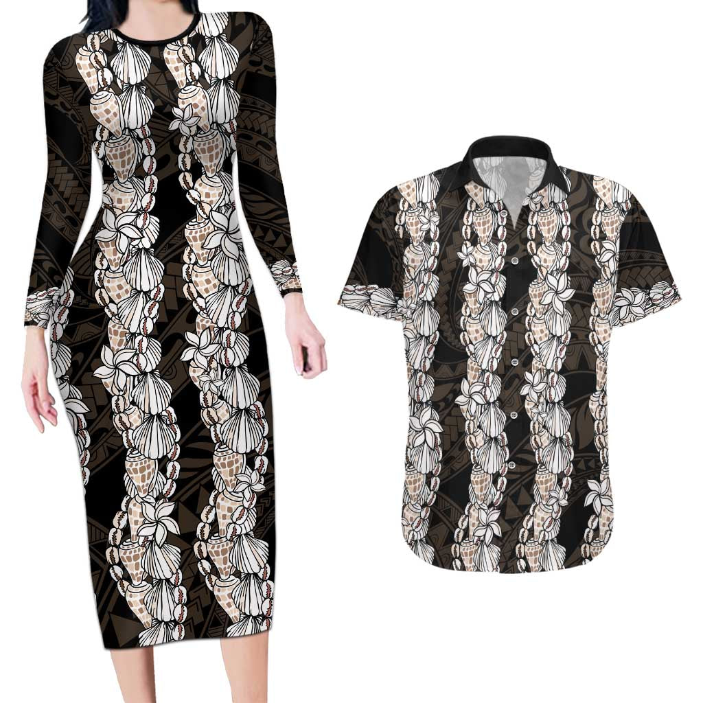 Black and Beige Hawaii Shell Lei Couples Matching Long Sleeve Bodycon Dress and Hawaiian Shirt Hawaiian Sunrise Shell Hebrew Cone Plumeria LT14 Black - Polynesian Pride