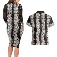 Black and Beige Hawaii Shell Lei Couples Matching Long Sleeve Bodycon Dress and Hawaiian Shirt Hawaiian Sunrise Shell Hebrew Cone Plumeria LT14 - Polynesian Pride