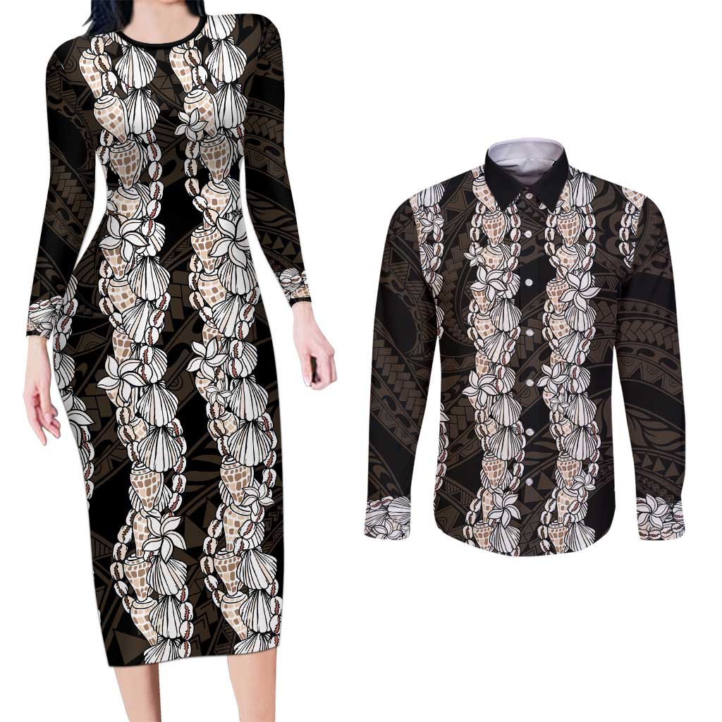 Black and Beige Hawaii Shell Lei Couples Matching Long Sleeve Bodycon Dress and Long Sleeve Button Shirt Hawaiian Sunrise Shell Hebrew Cone Plumeria LT14 Black - Polynesian Pride