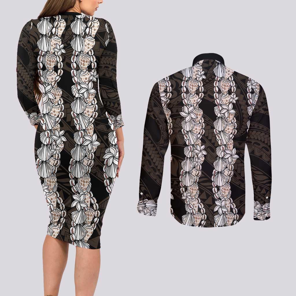 Black and Beige Hawaii Shell Lei Couples Matching Long Sleeve Bodycon Dress and Long Sleeve Button Shirt Hawaiian Sunrise Shell Hebrew Cone Plumeria LT14 - Polynesian Pride